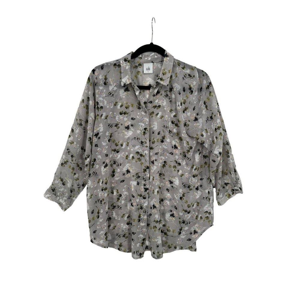 Women's Cabi Matinee Grey Floral Sheer‎ Blouse Top Button Up Size S Style 4204